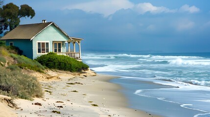 Wall Mural - a serene beach house with coastal decor and gentle waves outside