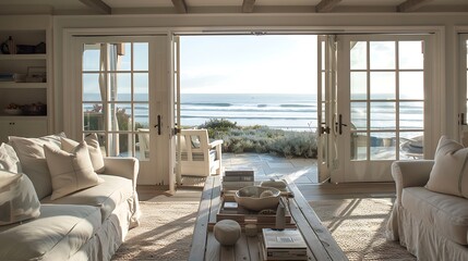 Wall Mural - a serene beach house with coastal decor and gentle waves outside