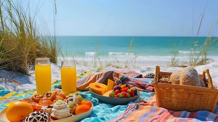 Wall Mural - a serene beach picnic setup with colorful blankets and delicious treats