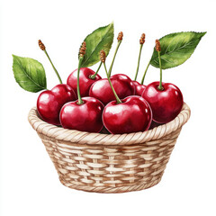 Wall Mural - Fresh red cherries in woven basket, surrounded by green leaves, evoke sense of summer abundance and natural beauty. Perfect for illustrating agriculture and healthy living