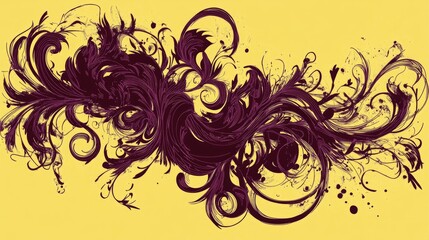 Poster - Dark purple ink abstract design with intricate swirling patterns on a bright yellow background, artistic, vibrant color contrast, graphic design, illustration, creative composition.