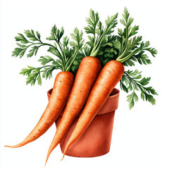 Wall Mural - Fresh carrots with green tops in terracotta pot, showcasing vibrant colors and natural beauty. Perfect for agricultural themes and healthy living