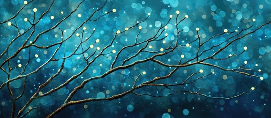 Aufkleber - Festive New Year and Christmas Background with Glowing Branches and Blue Bokeh Lights