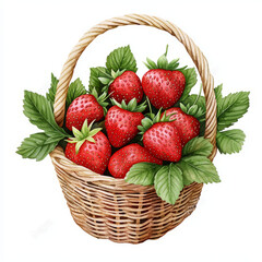 Wall Mural - Fresh strawberries in woven basket, surrounded by green leaves, evoke sense of summer abundance and natural sweetness. Perfect for illustrating agriculture and healthy eating