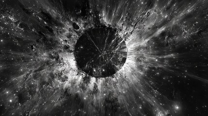 Detailed black and white close-up of the moon showcasing its surface textures and celestial surroundings in a dramatic cosmic setting.