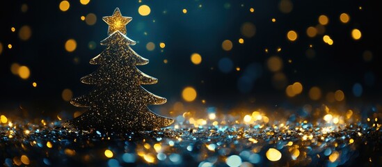 Aufkleber - Golden glitter foreground with a sparkling fir tree silhouette against a mesmerizing bokeh backdrop for festive holiday imagery.