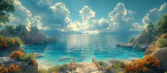 Poster - Serene coastal landscape with vibrant sky reflecting on tranquil waters and lush greenery along rocky shores in breathtaking scenery