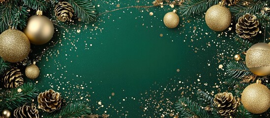Aufkleber - Christmas and New Year festive composition with gold glitter ornaments and pinecone decorations on a lush green background for holiday celebrations