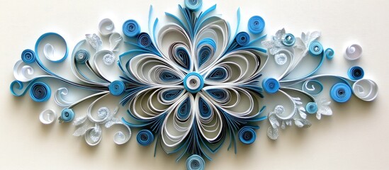 Aufkleber - Intricate paper snowflake design showcasing quilling technique in detailed close-up featuring blue and white elements