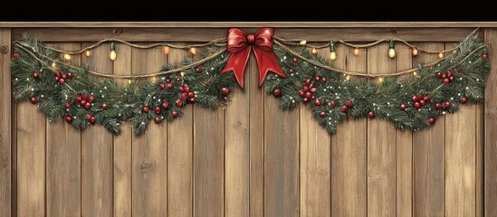 Aufkleber - Christmas lights garland decoration with red bow and festive greenery on wooden background for holiday season celebration