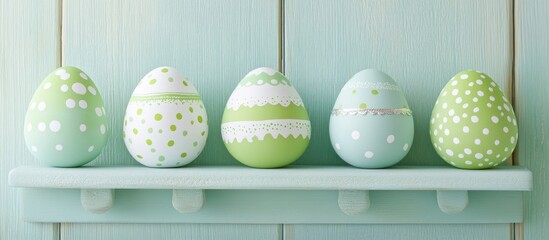 Wall Mural - Colorful decorated Easter eggs arranged on a shelf against a soft blue wooden background for festive springtime decoration themes