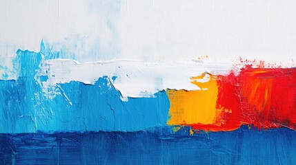 Fototapete - Abstract colorful oil painting on textured white background featuring vibrant blue, red, and yellow brush strokes in modern art style.
