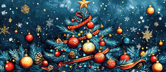 Aufkleber - Colorful Christmas tree adorned with ornaments and decorations in a festive winter setting suitable for holiday greetings card designs