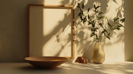 Aufkleber - Minimalistic interior design scene featuring a mockup frame, wooden bowl, and vase with foliage casting soft shadows on white walls