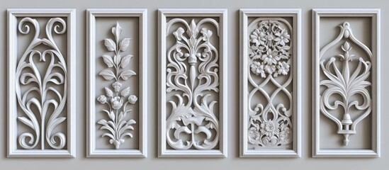 Poster - Decorative architectural relief elements collection in white frames with shadows on a neutral background for traditional design inspiration