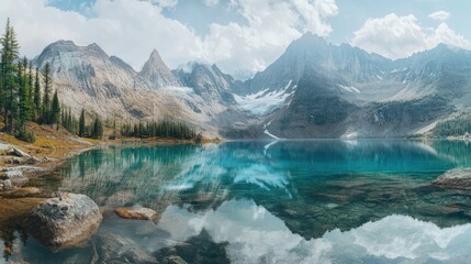 Sticker - Breathtaking mountain lake captured in a stunning panorama, with tranquil waters reflecting the surrounding beauty and ample copy space for text or graphics.