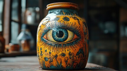 Poster - Artistic jar featuring an eye design with intricate patterns on a rustic table setting, emphasizing unique craftsmanship and creativity.