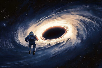 Wall Mural - astronaut in front of a black hole in the universe