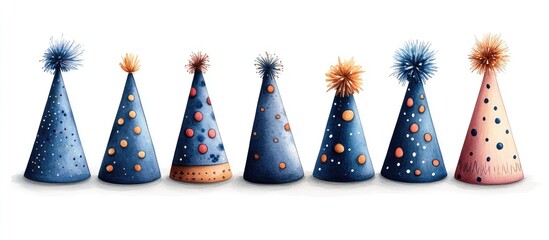 Wall Mural - Colorful party hats in a row with playful designs on a white background creating a festive celebration atmosphere for banner use.