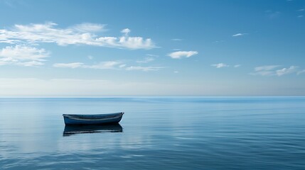 Wall Mural - a small boat drifting alone on a vast calm ocean no land in sight