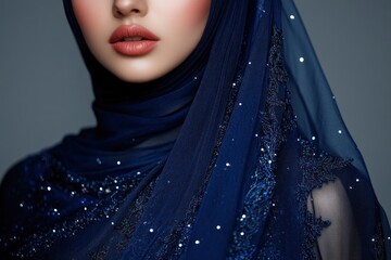 Wall Mural - Closeup of a beautiful female Muslim model wearing dark blue modern kurung with hijab, a modern urban lifestyle apparel for Muslim women isolated on grey background. Beauty and hijab fashion concept. 