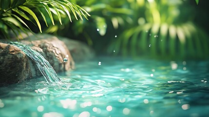 Wall Mural - A tranquil nature scene captures a close-up of a pure water droplet descending into a crystal-clear pool, with ample space for text and creative design elements.