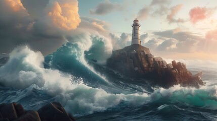 Wall Mural - a solitary lighthouse on a rocky island surrounded by crashing waves