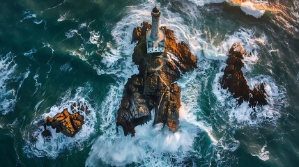 Wall Mural - a solitary lighthouse on a rocky island surrounded by crashing waves