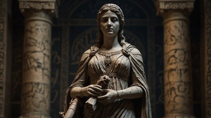  Statue of Cassandra, the prophetess, holding an ancient scroll of prophecies in both hands, with a backdrop of impending disaster, with carvings depicting her mysterious foresight and the tragic fate 