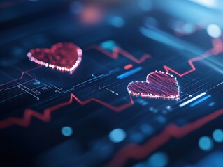 Fototapete - A digital illustration of hearts on a health monitor, symbolizing love, heartbeat, and emotional connection in a futuristic context.