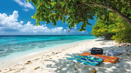 Wall Mural - a tranquil beach with snorkeling equipment and beach towels spread out in the sand