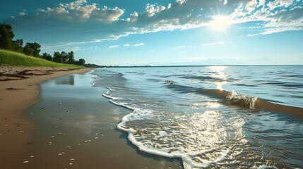 Wall Mural - a tranquil lakeside beach with soft sands and gentle waves