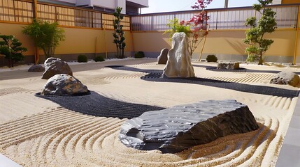 Wall Mural - a tranquil zen garden with raked sand and stone sculptures