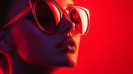 Canvas Print - Fashionable woman wearing oversized sunglasses in red lighting