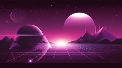 Aufkleber - Futuristic landscape with geometric shapes and gradient colors digital art cosmic setting abstract design perspective