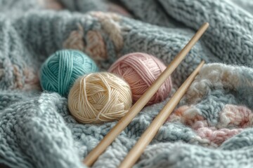 Wall Mural - Knitting needles and colorful balls of yarn are lying on a knitted blanket, suggesting a cozy crafting session