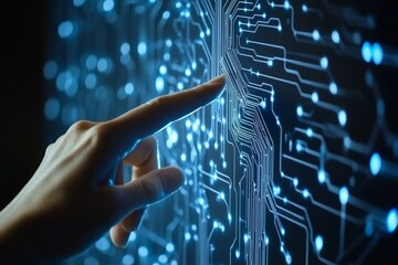 Wall Mural - hand gesturing towards a digital data interface with blue circuit patterns in photography