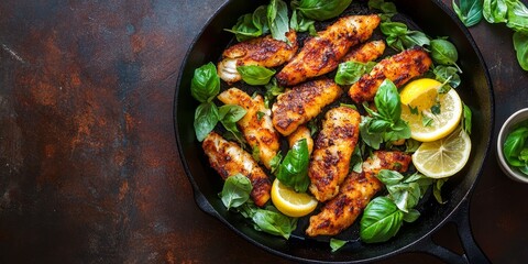 Poster - Cast iron serving pan featuring roasted fish fingers, fresh lemon, and vibrant green basil. This flatlay on a dark brown metal surface showcases the cast iron pan beautifully in a vertical shot.