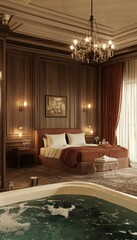 Wall Mural - Elegant hotel suite with jacuzzi, spacious king bed, and timeless design touches