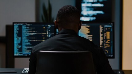 Programmer Analyzing Code on Multiple Computer Screens