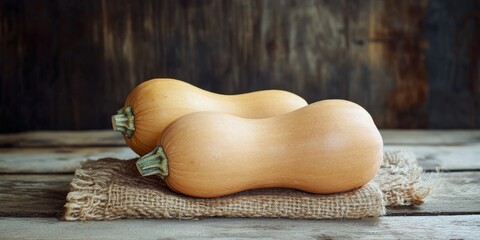 Sticker - Butternut squash displayed on a rustic wooden background, showcasing the natural texture and color of butternut squash, perfect for culinary themes or seasonal imagery involving butternut squash.