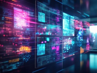 Leinwandbilder - A multiscreen media room with vibrant projections, interactive panels, and a futuristic user controlling everything with a wearable device
