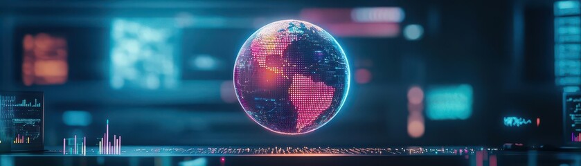 Poster - A glowing globe hovering over a virtual desk, surrounded by data streams, digital art style with soft and vibrant tones, AIassisted learning