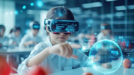 Aufkleber - A futuristic interactive classroom where students use wearable AR devices to explore immersive 3D worlds and manipulate objects