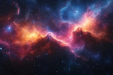 Wall Mural - cosmic scene of a swirling galaxy, vibrant nebulae with rich colors blending together, and shining stars scattered across the vast expanse of space, evoking a sense of wonder and mystery