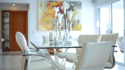 Wall Mural - modern dining room interior design featuring a sleek glass-top table with polished metal legs, paire