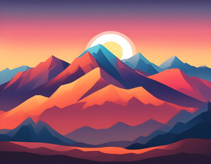 Poster - Sunset mountains landscape background, colorful gradation sky, flat mountain background