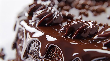 Wall Mural - Close-up of chocolate cake with glossy drips and chocolate curls, set against a clean white background, highlighting the intricate textures.