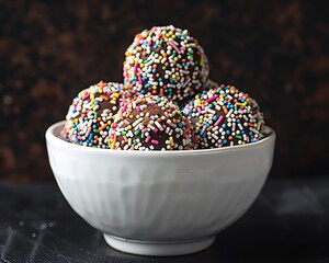 Wall Mural - Close-up of chocolate truffles covered in colorful sprinkles in a white bowl, on a table, against a dark background. Perfect for festive gatherings.