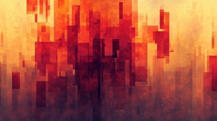 Wall Mural - A gradient pixel art design featuring abstract geometric shapes that transition from red to orange, creating a fiery, energetic effect